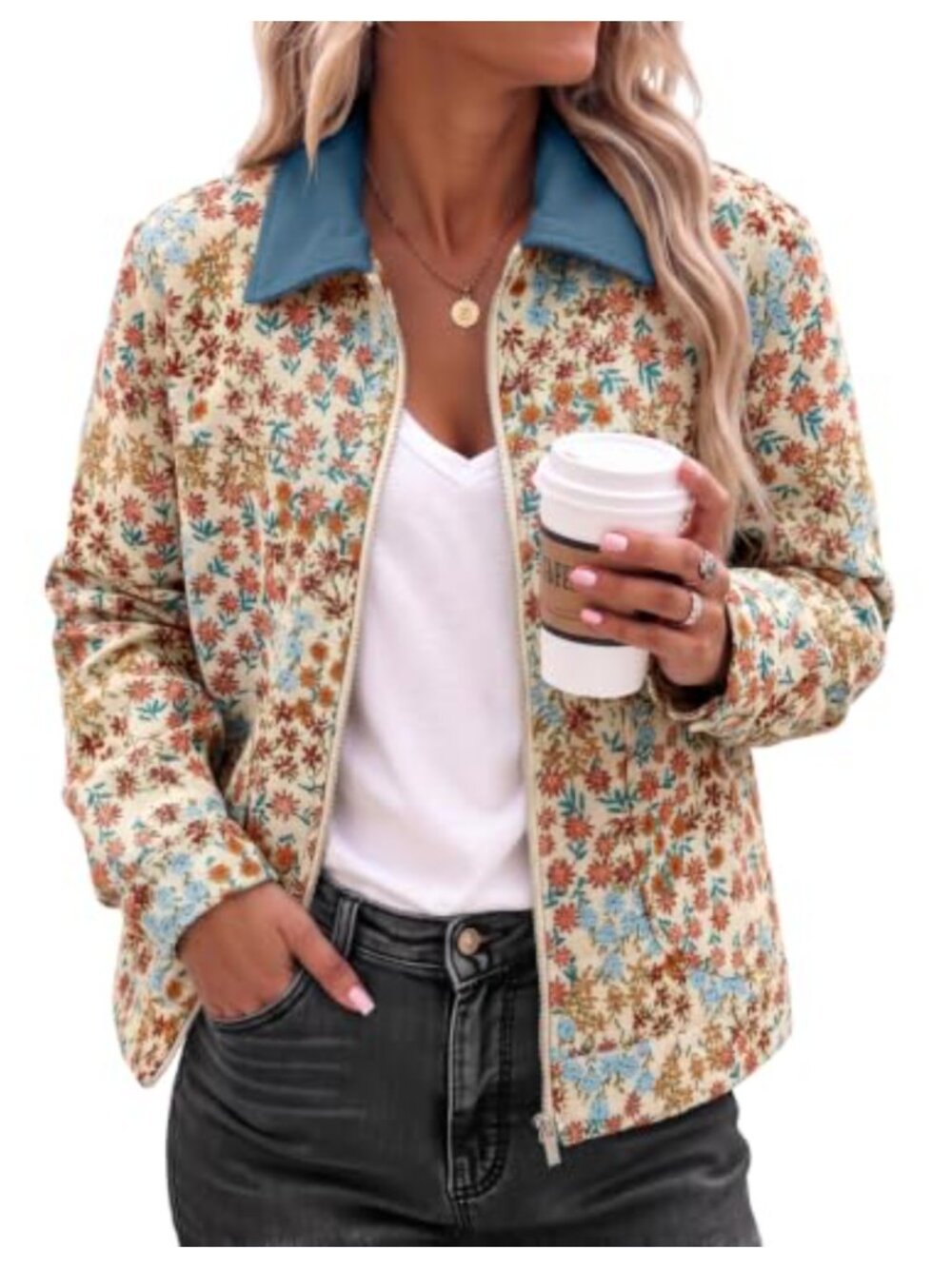 Women's Floral Jacquard Zip Up Casual Jacket Lightweight Long Sleeve Coat